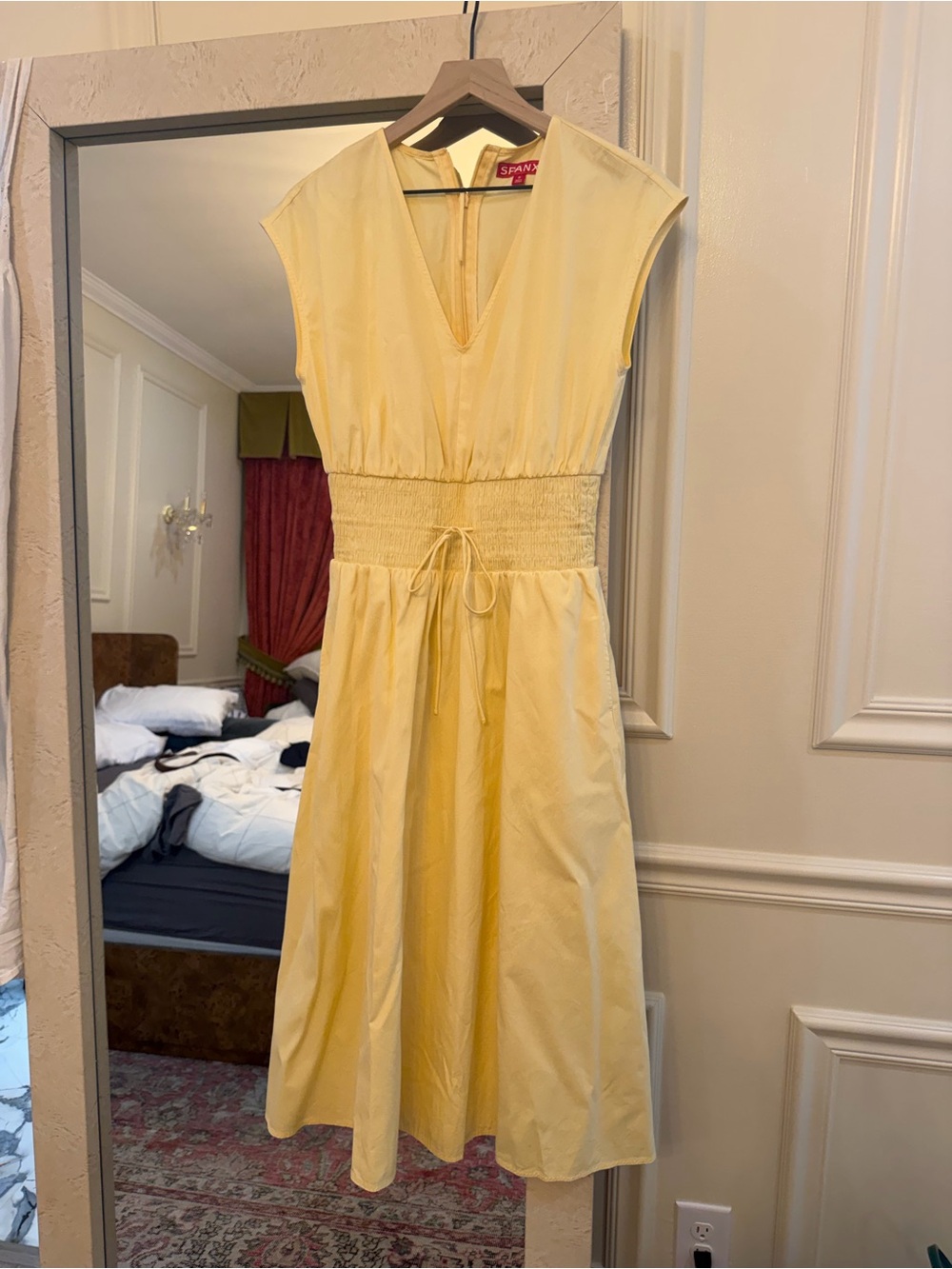 SPANX Pale Yellow V-Neck Smocked Waist Midi Dress